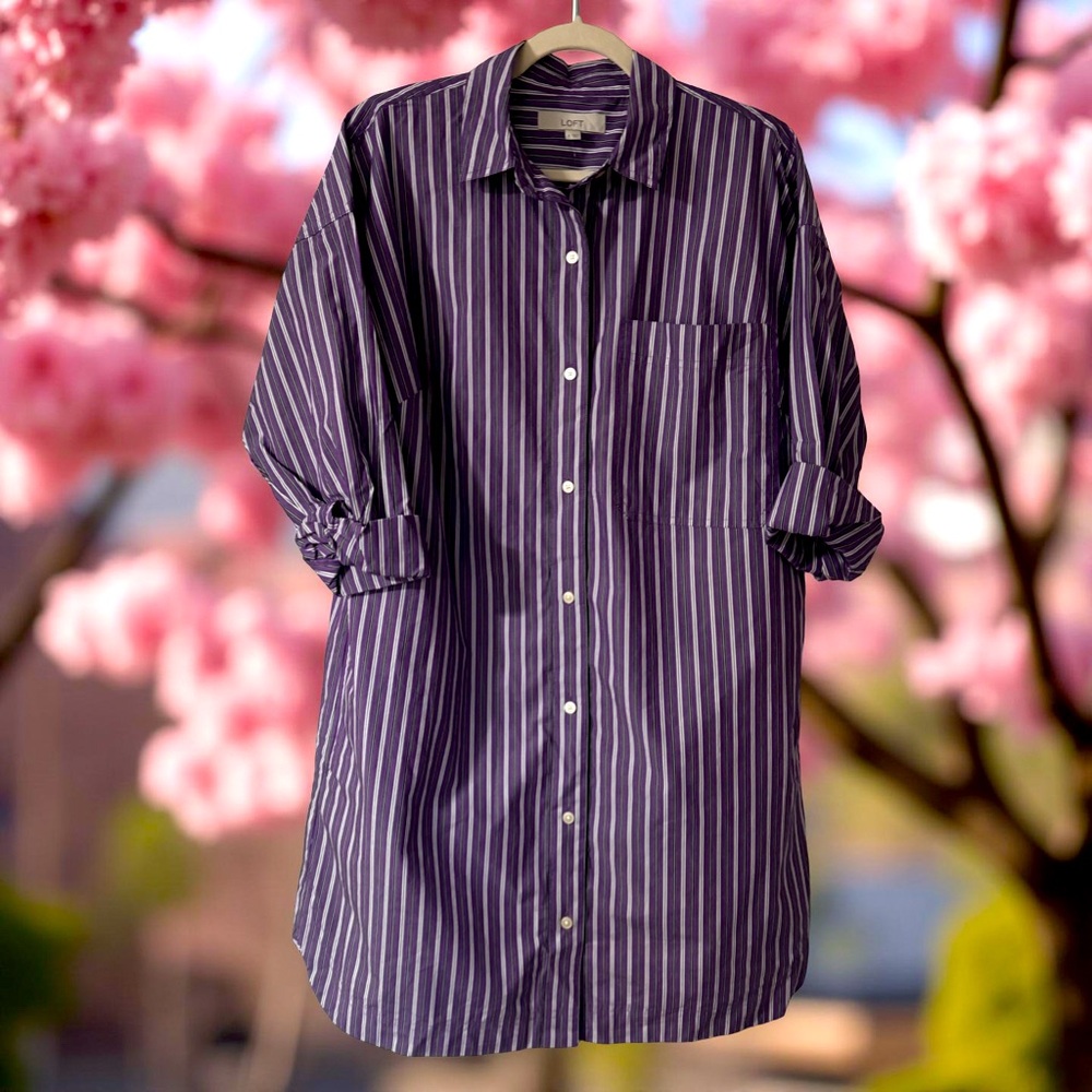 LOFT Purple Striped Button-Up Dress
